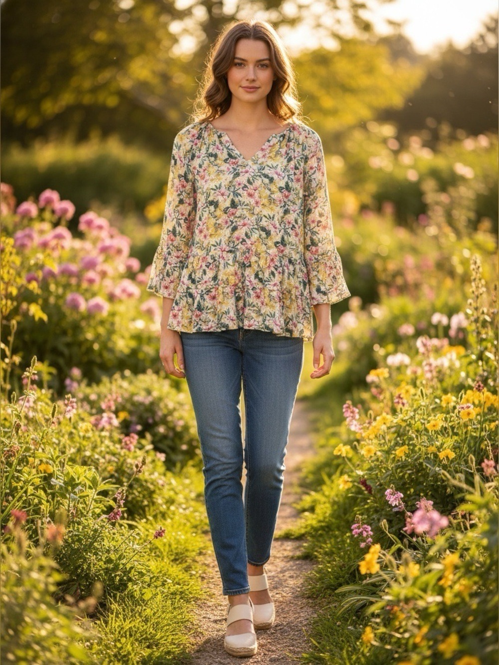 Counterparts Drop Waist Peplum Floral V-Neck Floral Peasant Blouse Cottagecore